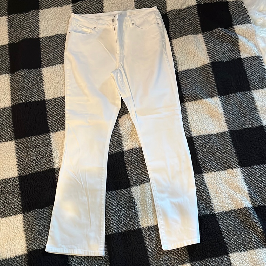 White, Bootcut, High Rise Jeans.